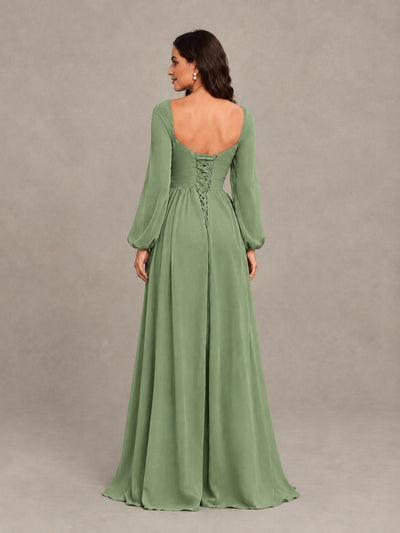 BOLODOO Sage Green Long Sleeve Chiffon Bridesmaid Dress with Slit - Sage Green - Sage Green (2)