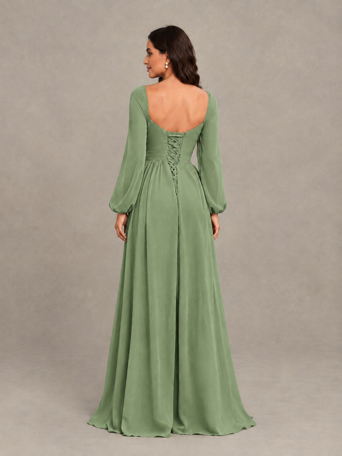 BOLODOO Sage Green Long Sleeve Chiffon Bridesmaid Dress with Slit - Sage Green - Sage Green (2)