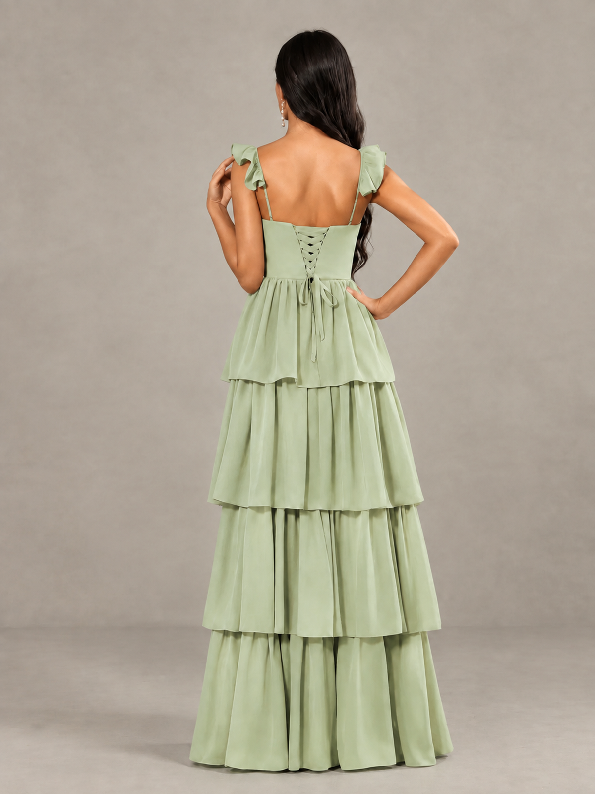 BOLODOO Sage Green Tiered Maxi Bridesmaid Dress with Slit - Sage Green
