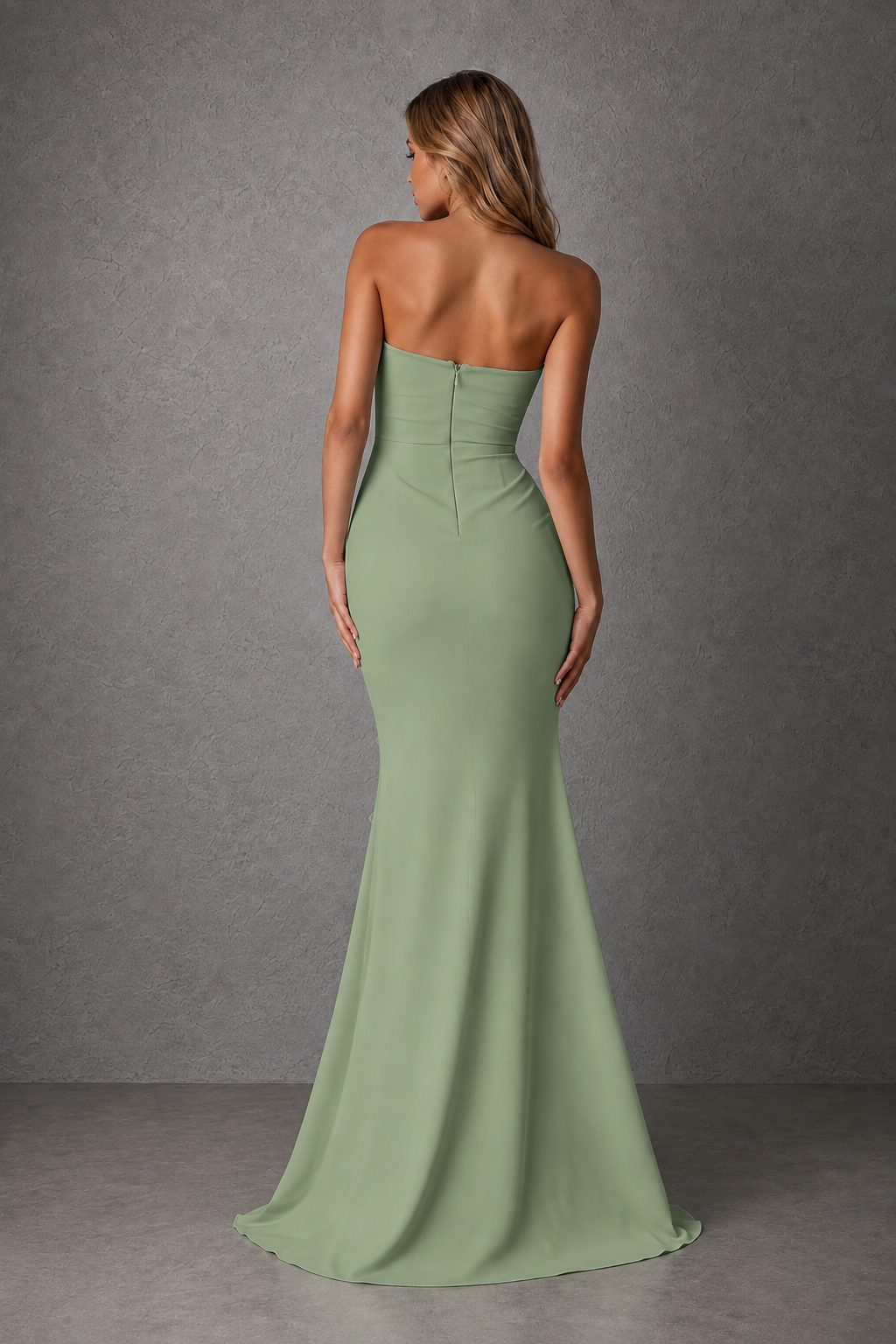 BOLODOO Sage Green Strapless Sweetheart Ruched Mermaid Gown | Cascade Drape Formal Evening Dress - Sage Green