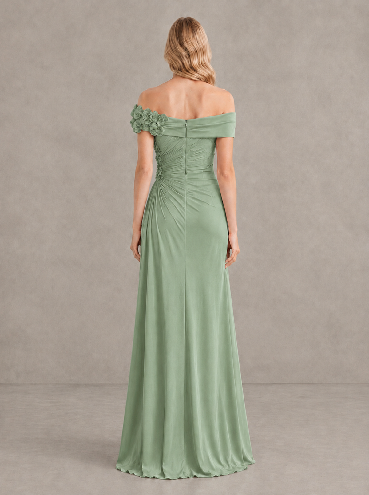 BOLODOO Sage Green Off-Shoulder Floral Applique Wedding Guest Maxi Dress - Sage Green - Sage Green (2)