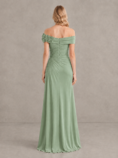 BOLODOO Sage Green Off-Shoulder Floral Applique Wedding Guest Maxi Dress - Sage Green - Sage Green (2)