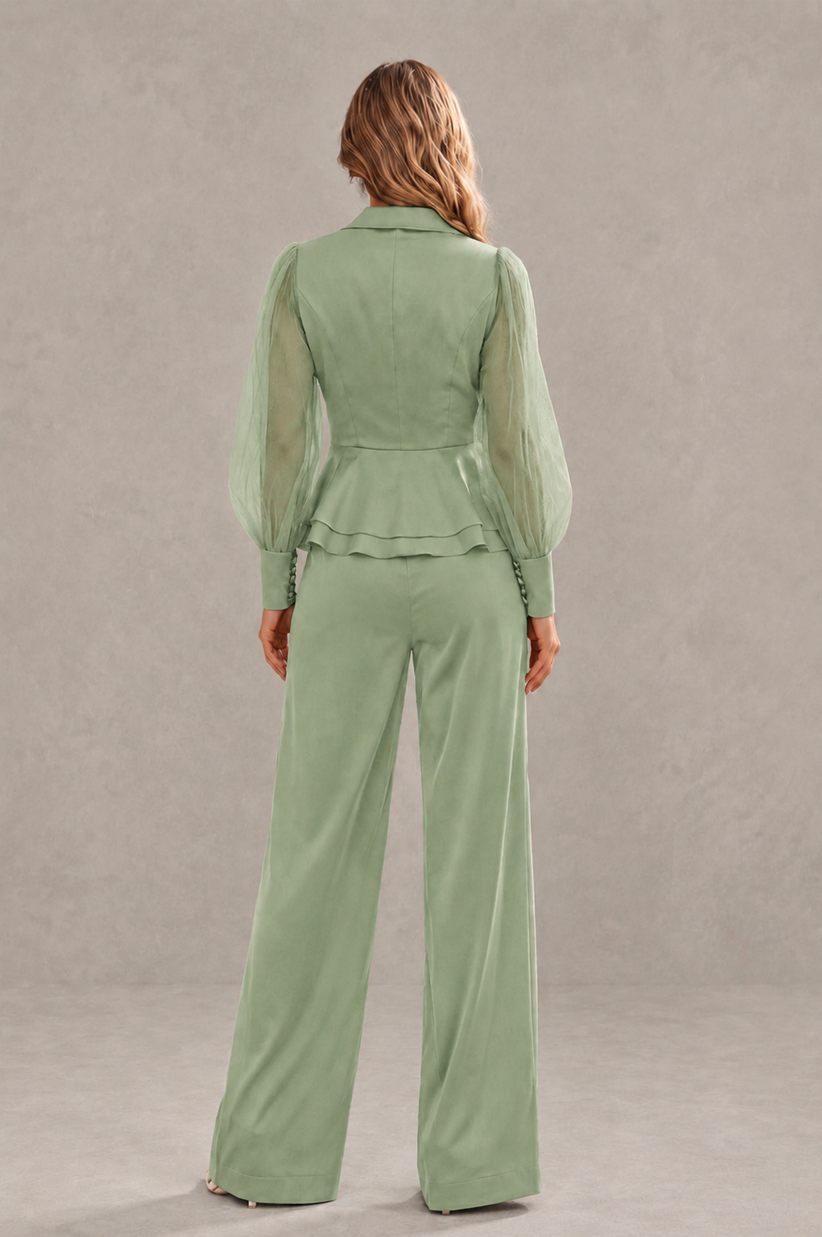 BOLODOO Mint Sage Green Peplum Blazer Wide-Leg Pantsuit with Sheer Puff Sleeves - Sage Green