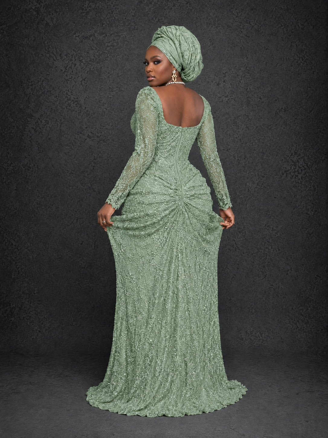 BOLODOO Sage Green Beaded Lace Long Sleeve Mermaid Gown Sweetheart | Mother of the Bride - Sage Green