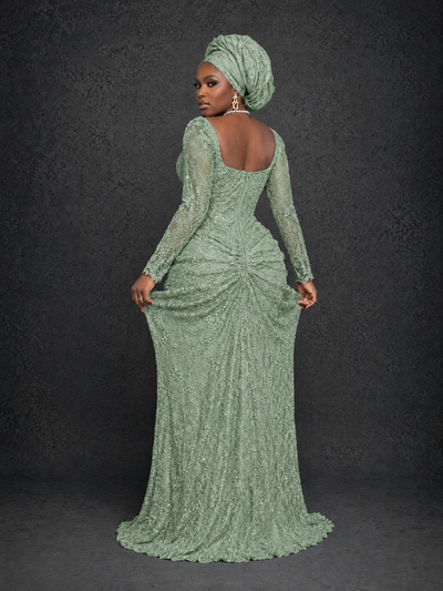 BOLODOO Sage Green Beaded Lace Long Sleeve Mermaid Gown Sweetheart | Mother of the Bride - Sage Green