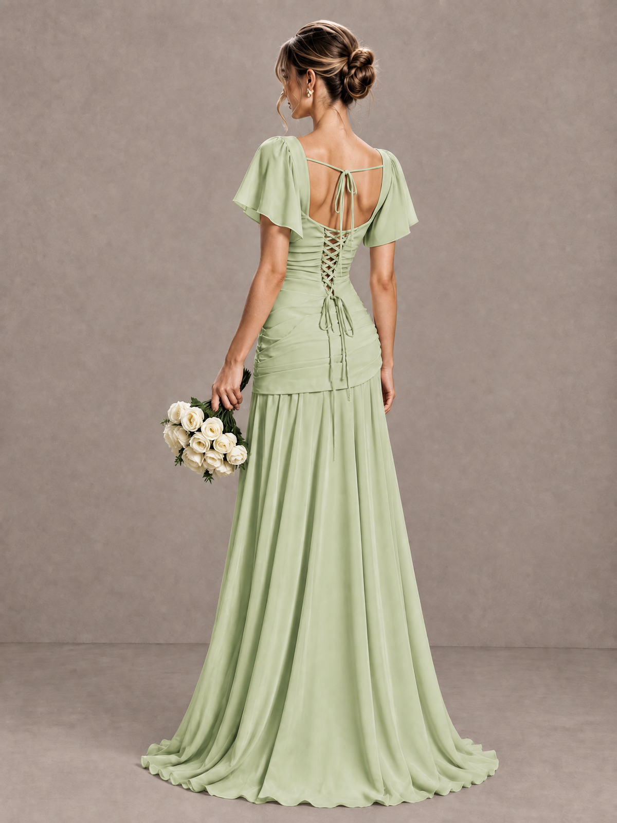 BOLODOO Sage Green Flutter Sleeve Lace-Up Back Maxi Dress - Sage Green