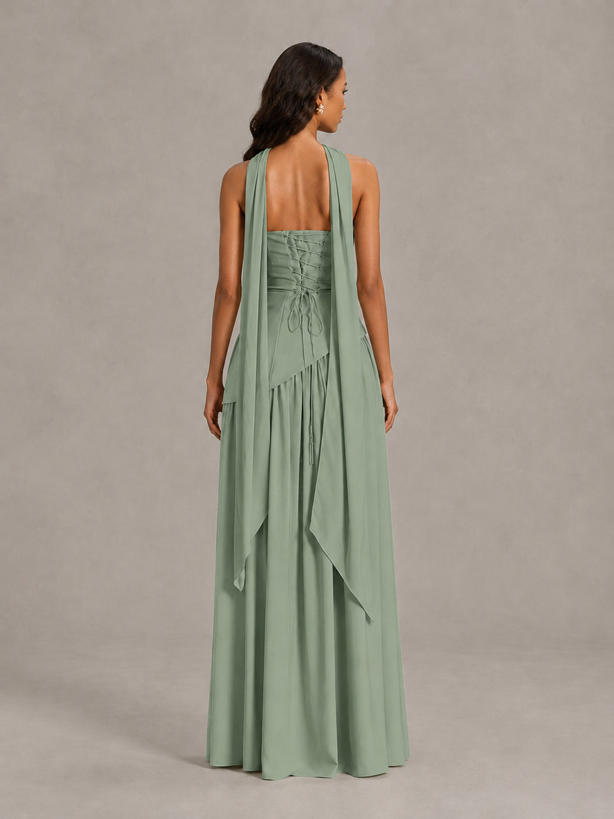 Sage Green Strapless Bridesmaid Dress with Scarf & High Slit - Sage Green - Sage Green (2)