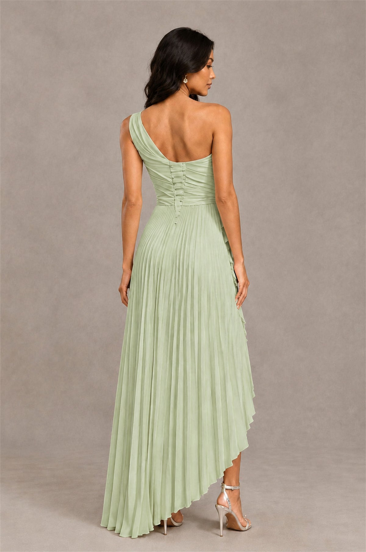 BOLODOO Sage Green One-Shoulder High-Low Ruffle Maxi Dress - Sage Green