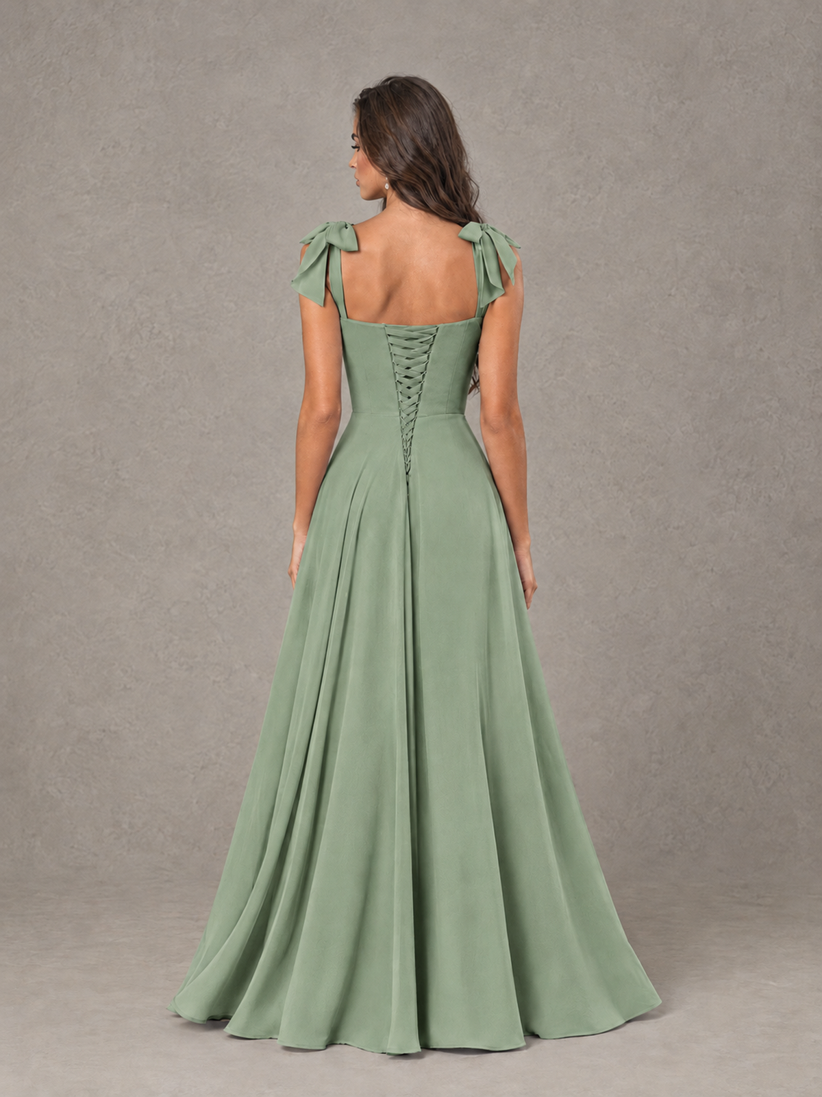 BOLODOO Sage Green Bow-Strap Bridesmaid Dress with Ruffle Slit - Sage Green - Sage Green (2)