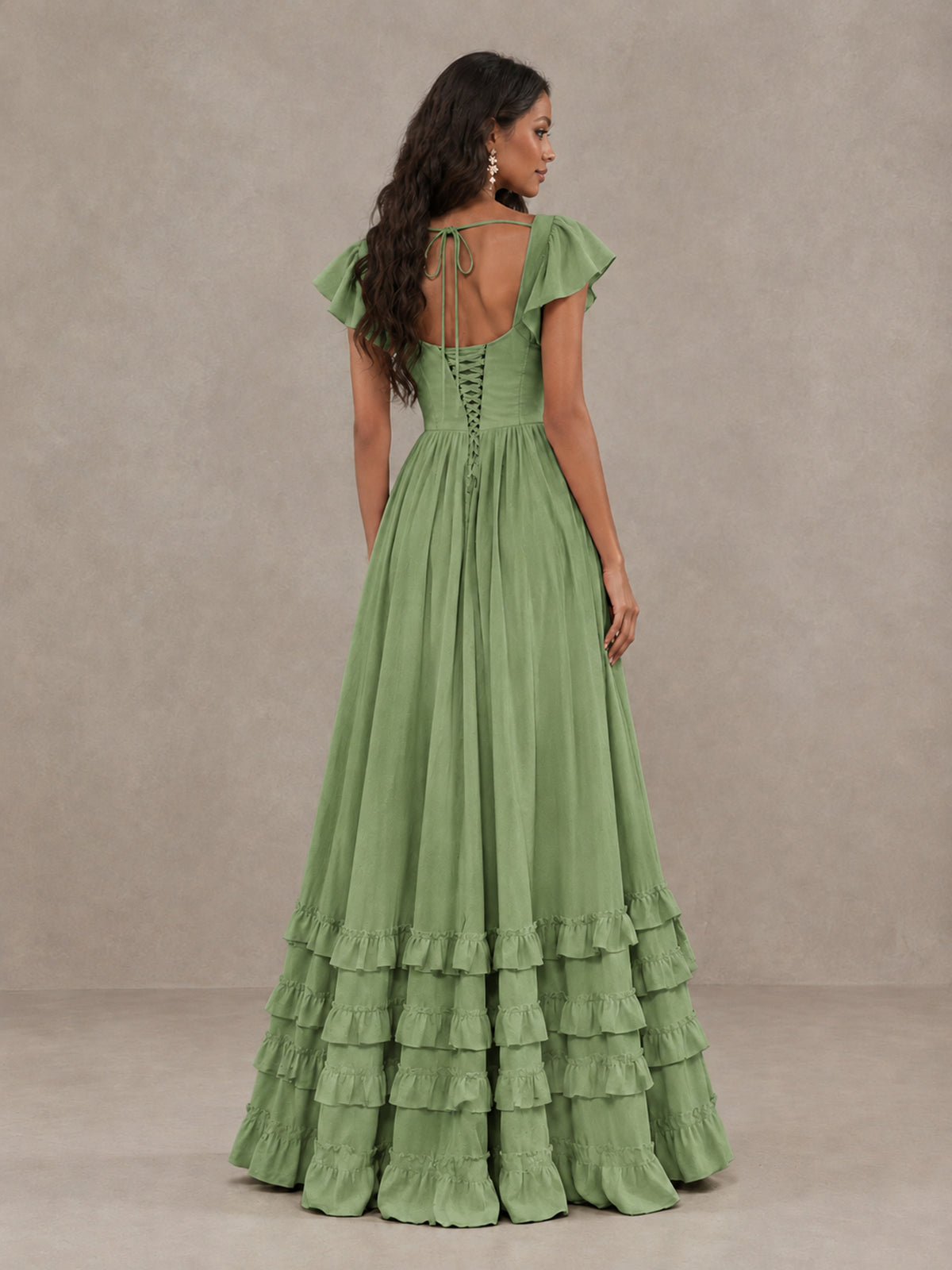 BOLODOO Sage Green Flutter Sleeve Ruffle Bridesmaid Dress with Slit - Sage Green - Sage Green (2)