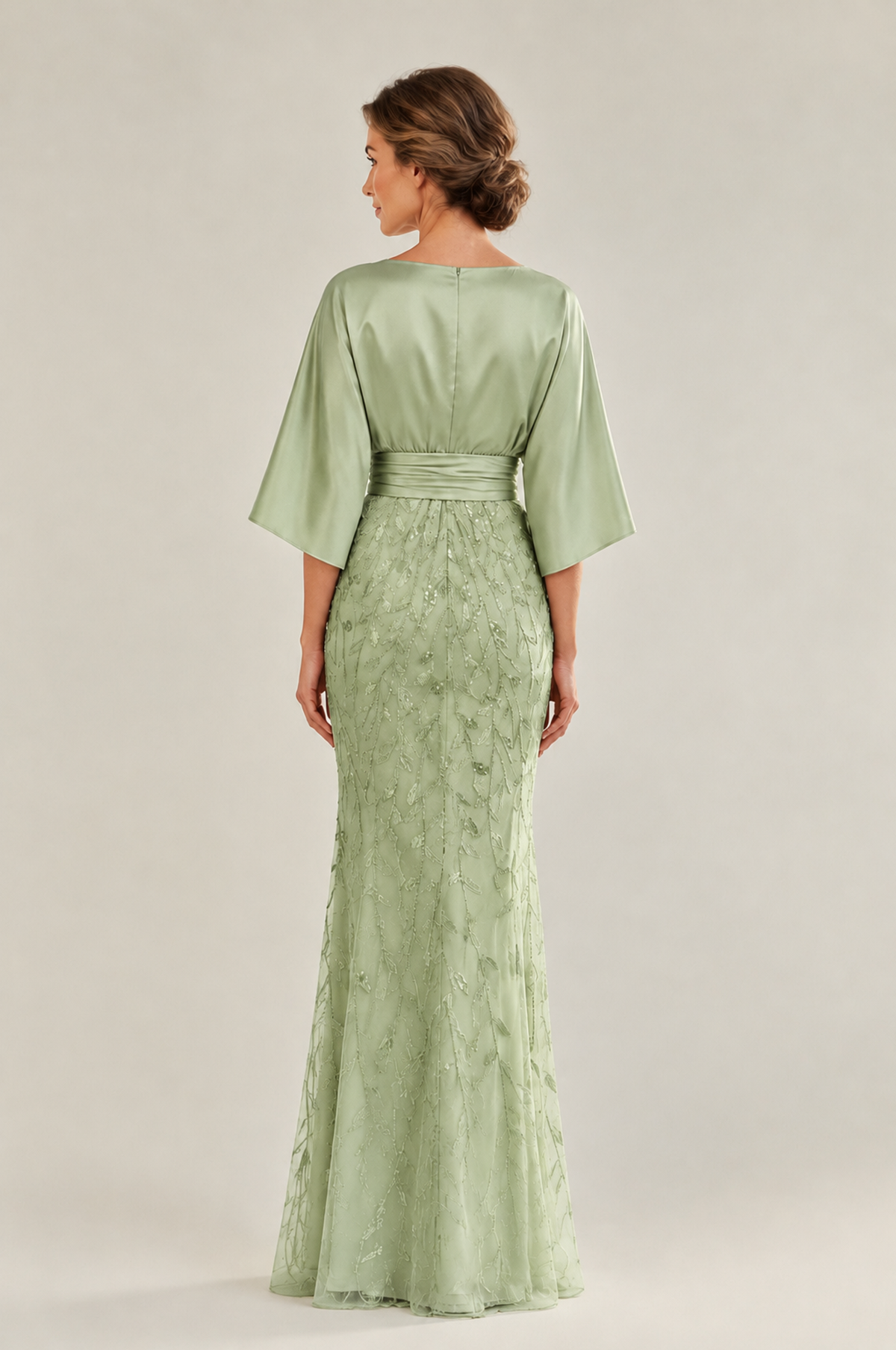 BOLODOO Sage Green Mother of the Bride Dress with Kimono Sleeves, Satin Bodice & Sequin Embroidered Mermaid Floor-Length Gown - Sage Green - Sage Green (2)