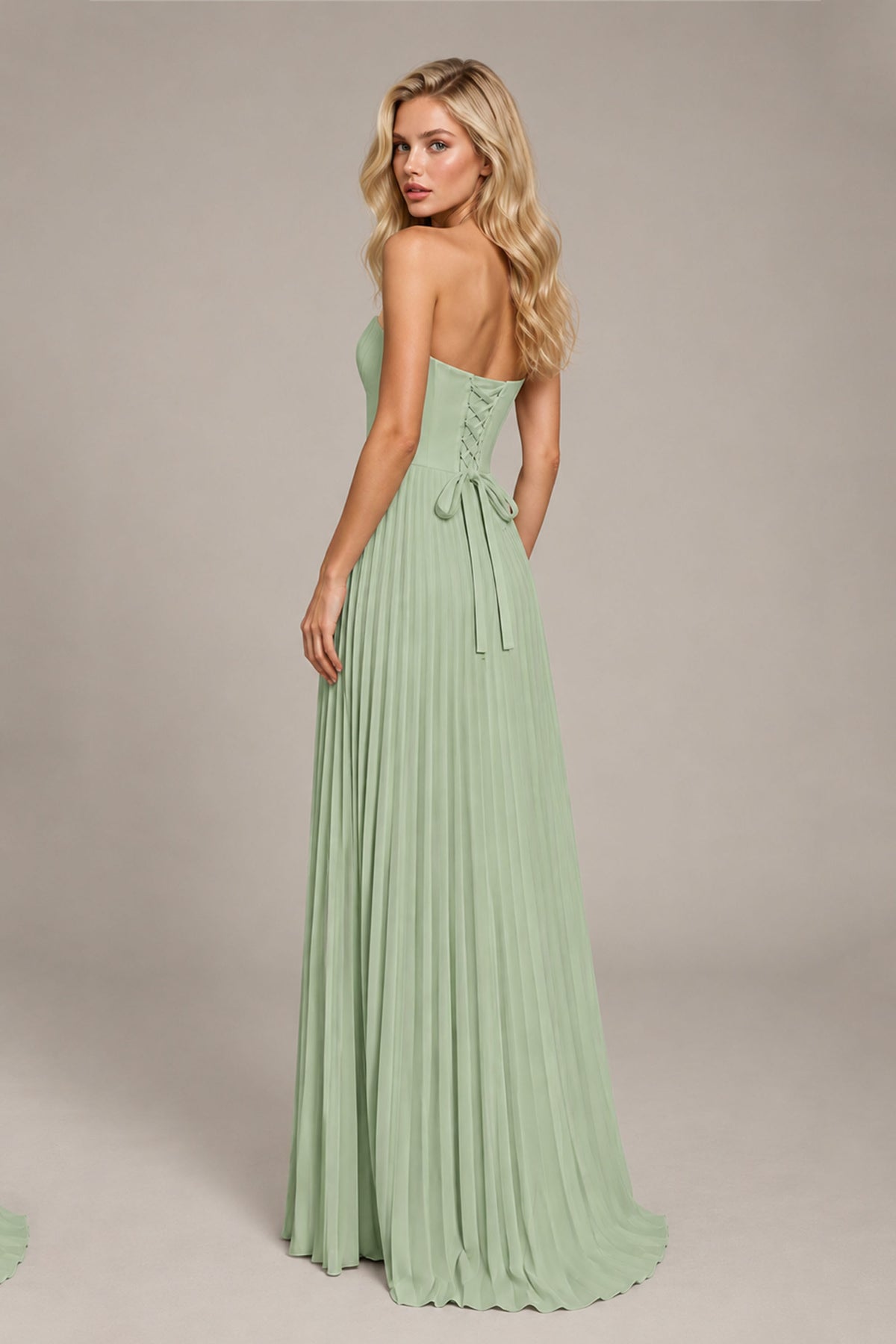 BOLODOO Sage Green Strapless Sunburst Pleated Twisted Knot Lace-Up Back Accordion Pleated Chiffon Maxi Dress - Sage Green