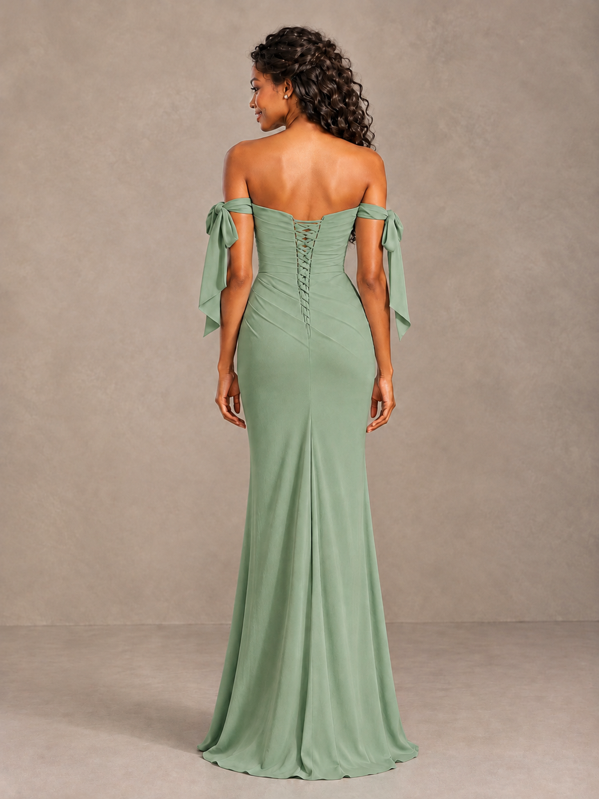 Sage Green Off-Shoulder Bow Bridesmaid Dress with Slit - Sage Green - Sage Green (2)