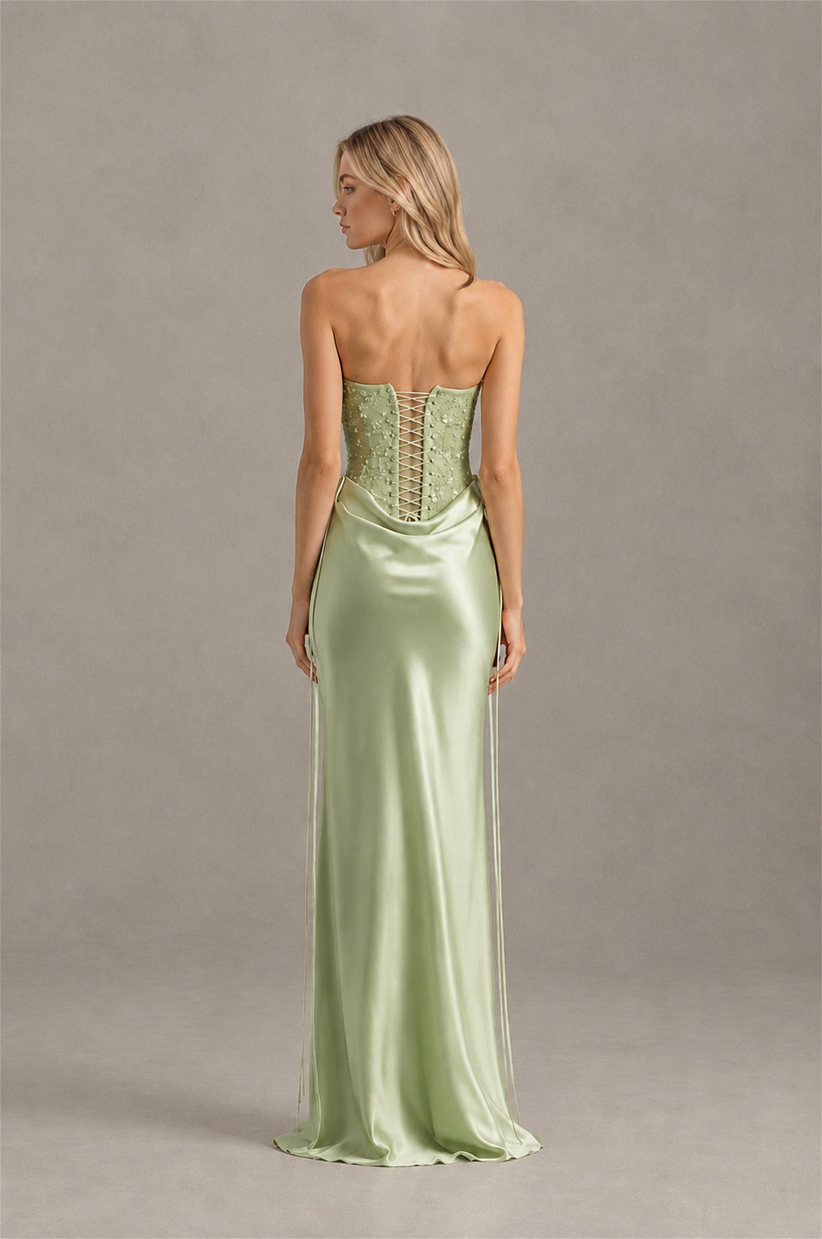 BOLODOO Sage Green Strapless Embellished Corset Satin-Look Maxi Dress - Sage Green