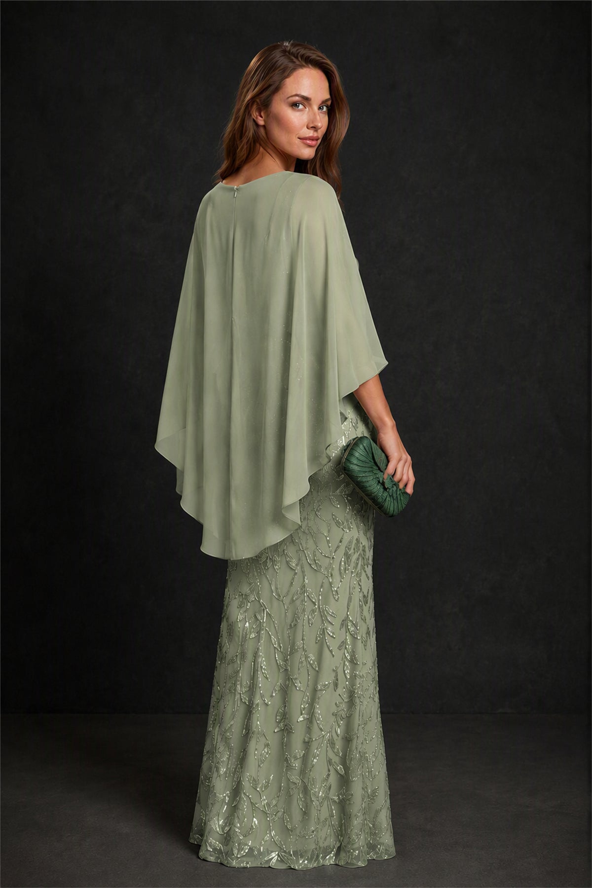 BOLODOO Sage Green Round Neck Chiffon Cape Overlay Sequin Lace Mermaid Maxi Dress - Sage Green