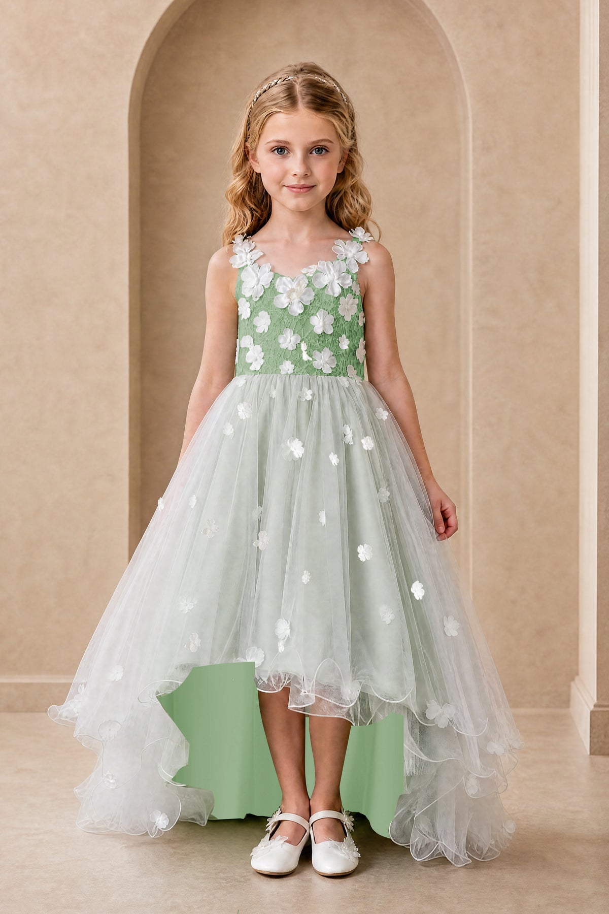 BOLODOO Sage Green Flower Girl Dress with Floral Appliqué and High-Low Tulle Skirt - Sage Green - Sage Green