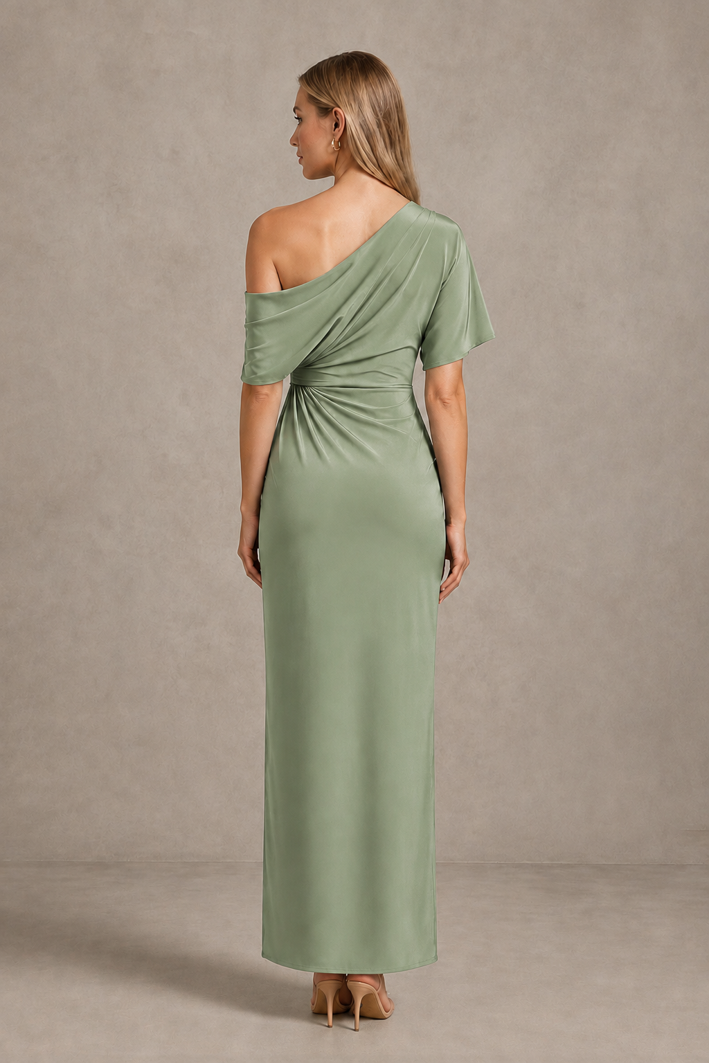 BOLODOO Sage Green One-Shoulder Draped Satin Maxi Dress with Front Slit - Sage Green