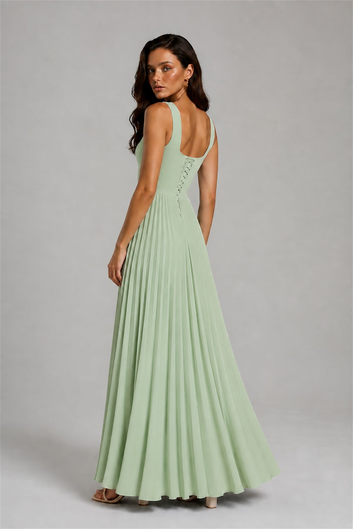 BOLODOO Sage Green Square Neck Wide Strap Lace-Up Back Pleated A-Line Chiffon Maxi Dress - Sage Green