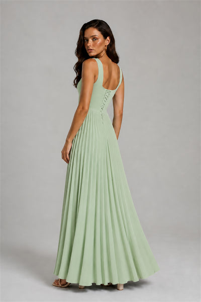 BOLODOO Sage Green Square Neck Wide Strap Lace-Up Back Pleated A-Line Chiffon Maxi Dress - Sage Green