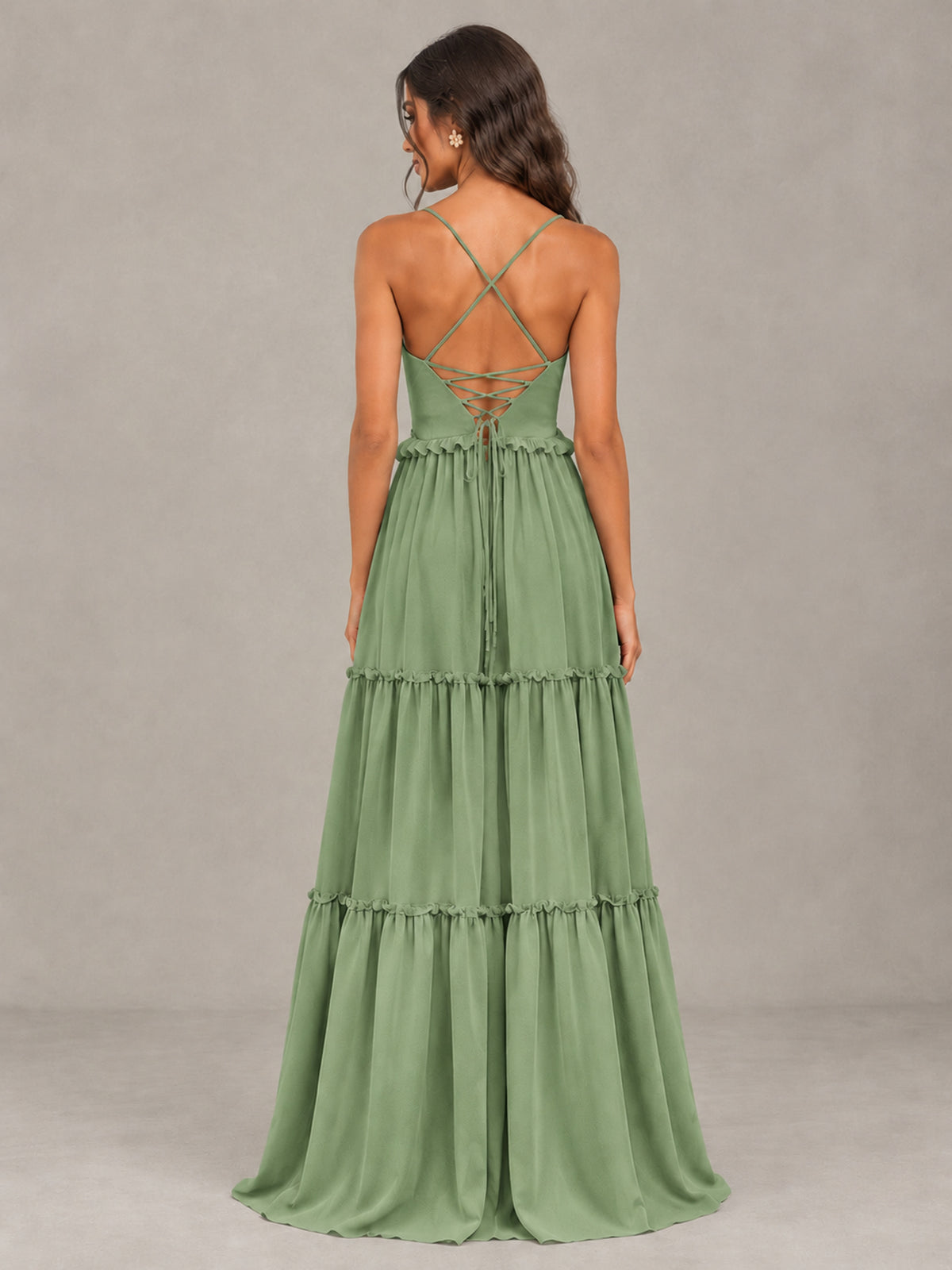 BOLODOO Sage Green Tiered V-Neck Lace-Up Back Bridesmaid Dress - Sage Green - Sage Green (2)