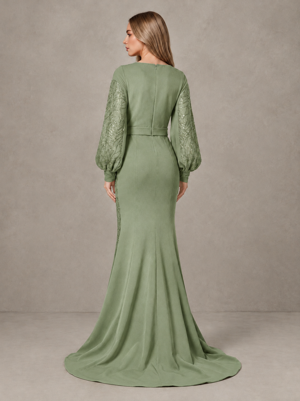 BOLODOO Sage Green Sequin Long Bishop Sleeve Mermaid Evening Dress - Sage Green - Sage Green (2)