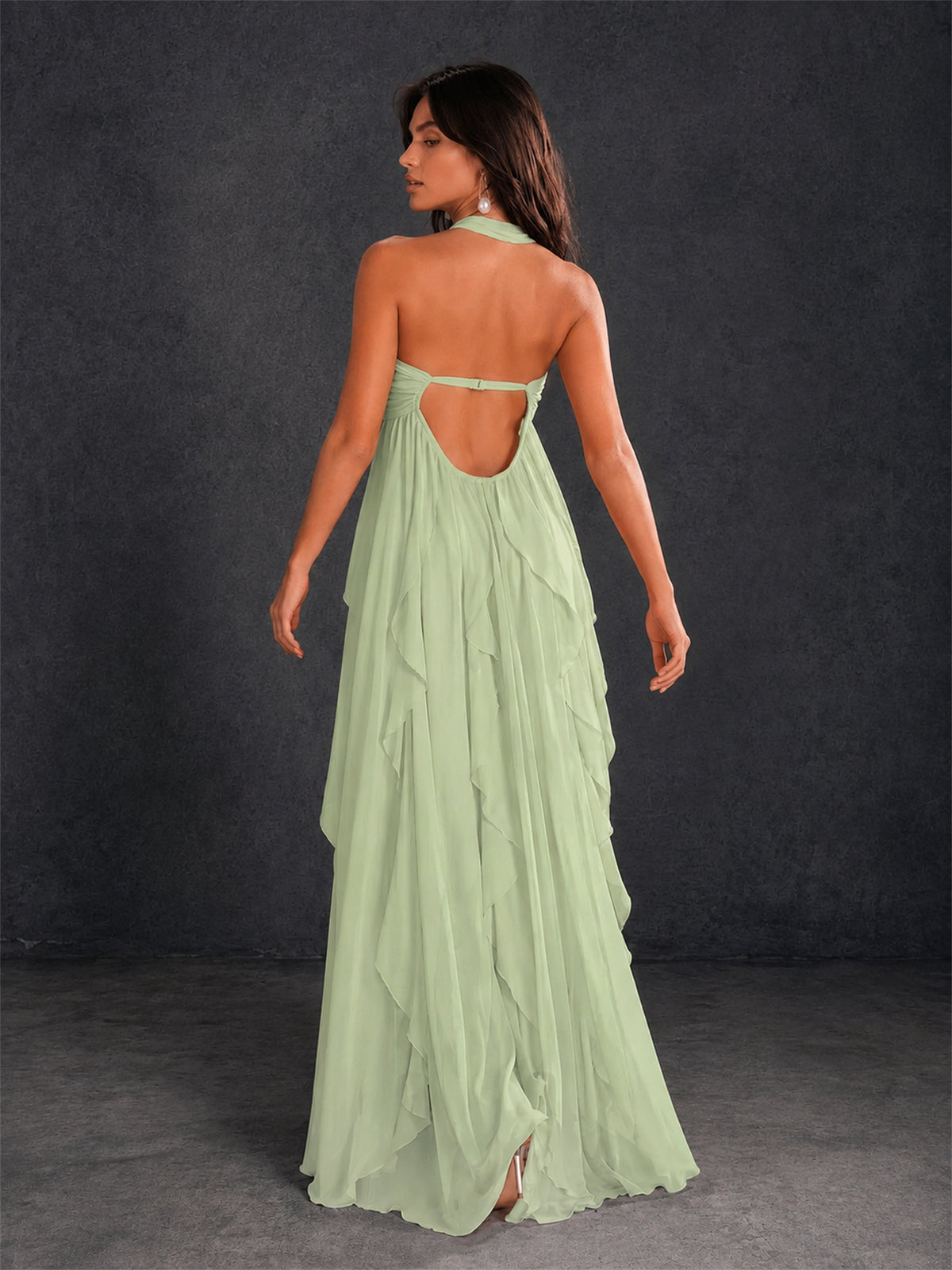 BOLODOO Sage Green Halter Neck Cascading Ruffle Chiffon Maxi Dress | Keyhole Open Back - Sage Green
