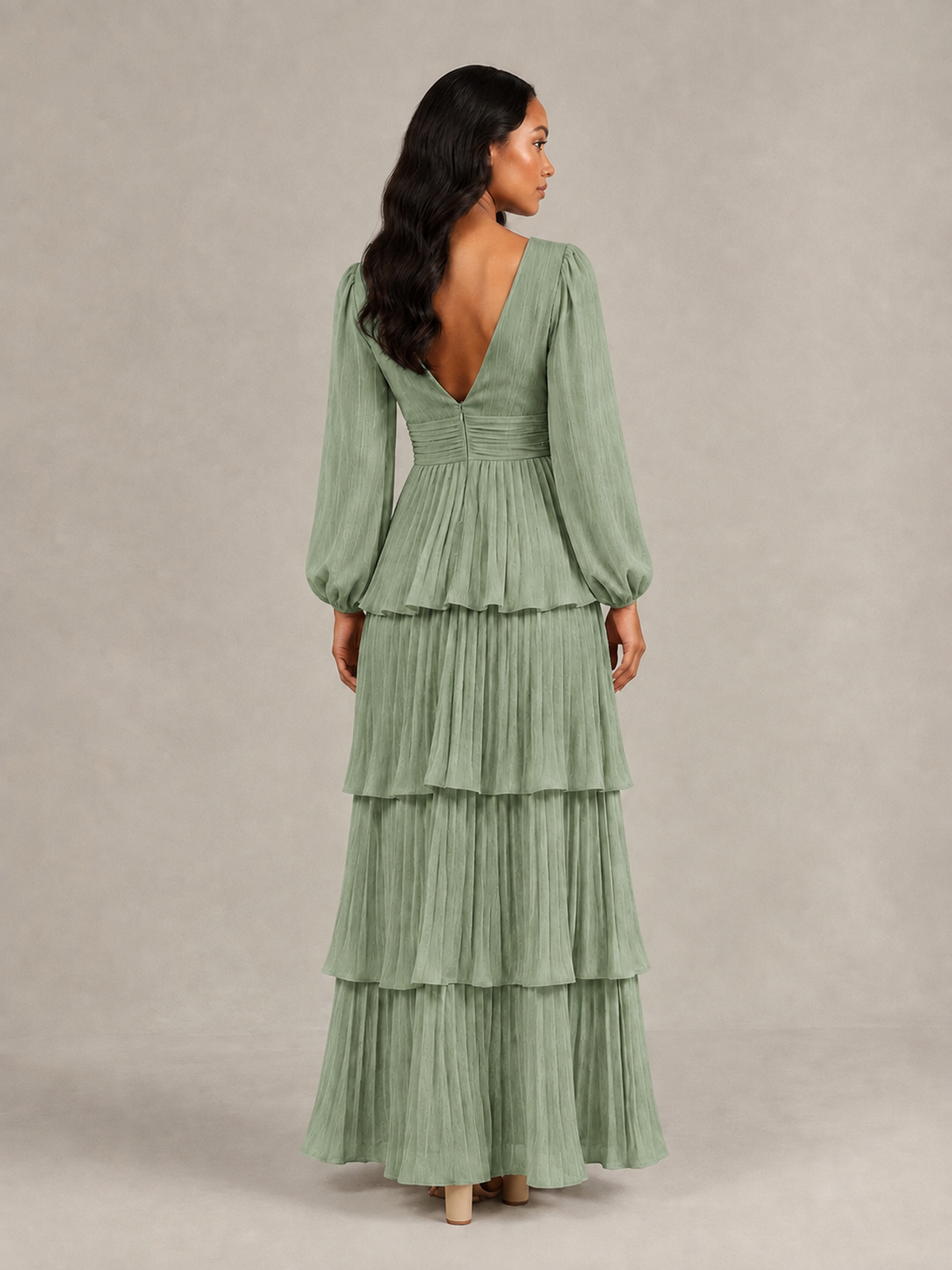 BOLODOO Sage Green Long-Sleeve Tiered Maxi Dress with Deep V-Neck - Sage Green