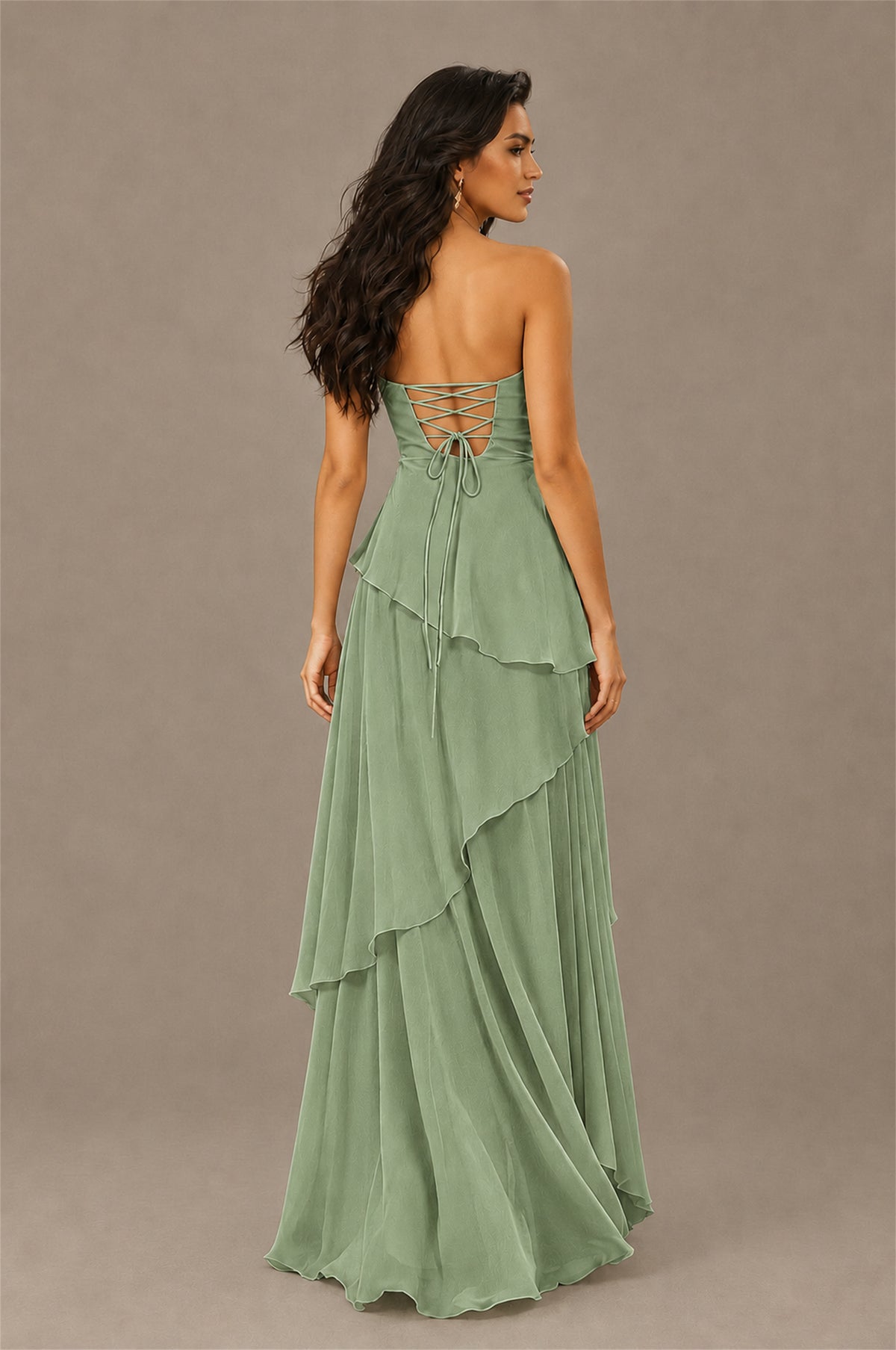 BOLODOO Sage Green Strapless Sweetheart Knotted Chiffon Tiered Maxi Dress with Lace-Up Back - Sage Green