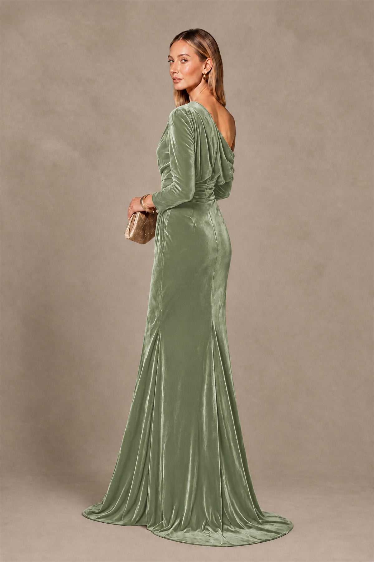 BOLODOO Sage Green Velvet One-Shoulder Long Sleeve Evening Gown - Sage Green