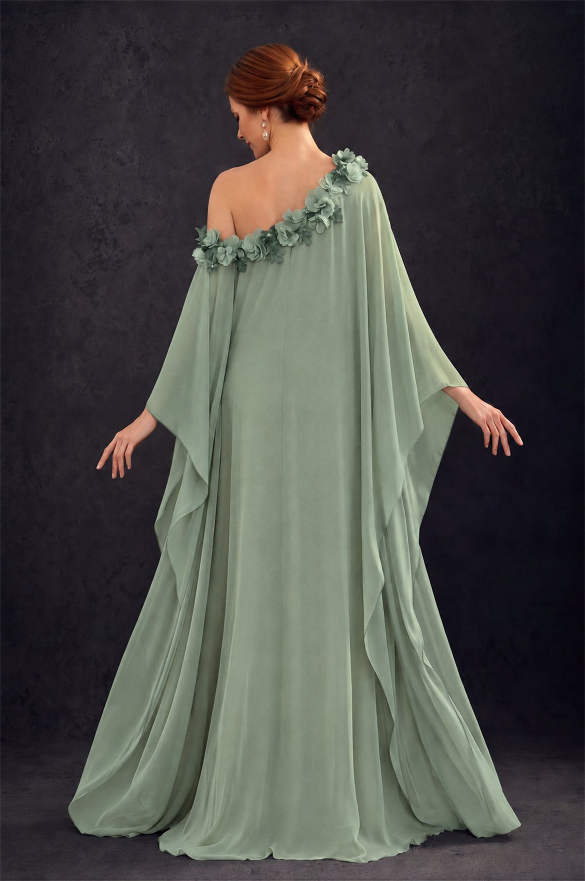 BOLODOO Sage Green 2-Piece Set: Off-Shoulder 3D Floral Cape Gown & One-Shoulder Wide-Leg Jumpsuit | BD0373 - Sage Green