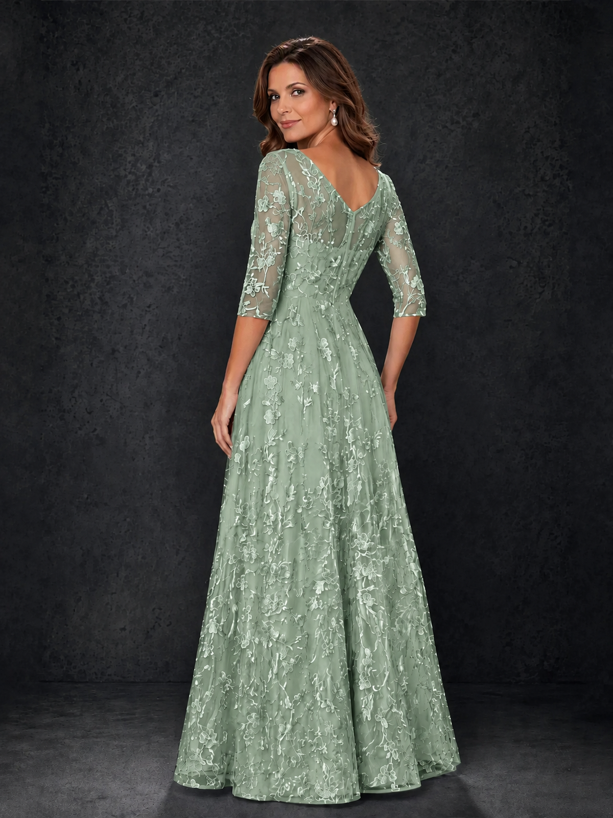 BOLODOO Sage Green Illusion Bateau Neck 3/4 Sleeve Floral Lace A-Line Mother of the Bride Dress MX007 - Sage Green