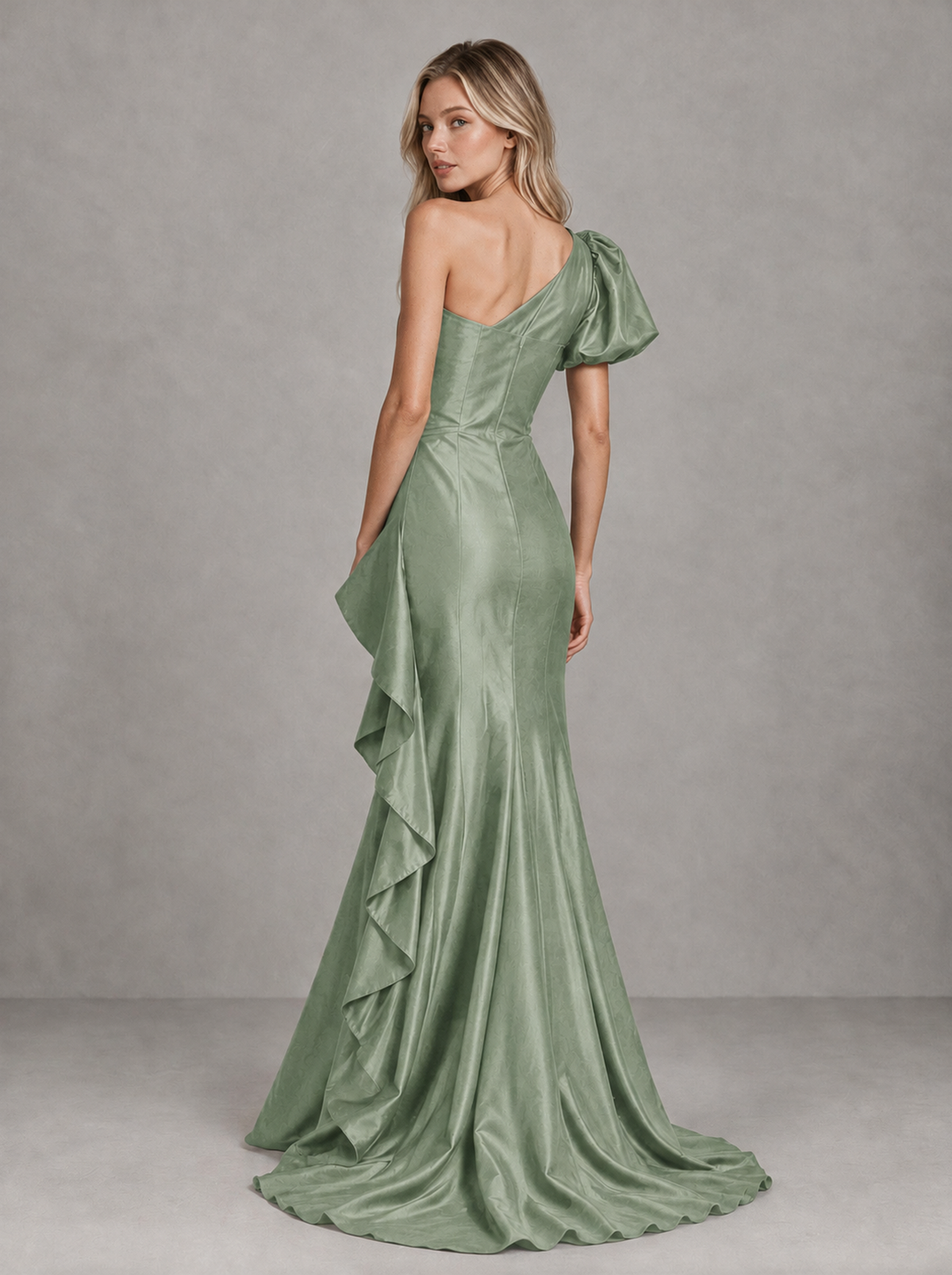 BOLODOO Sage Green One-Shoulder Satin-Look Mermaid Evening Dress with Ruffles - Sage Green - Sage Green (2)
