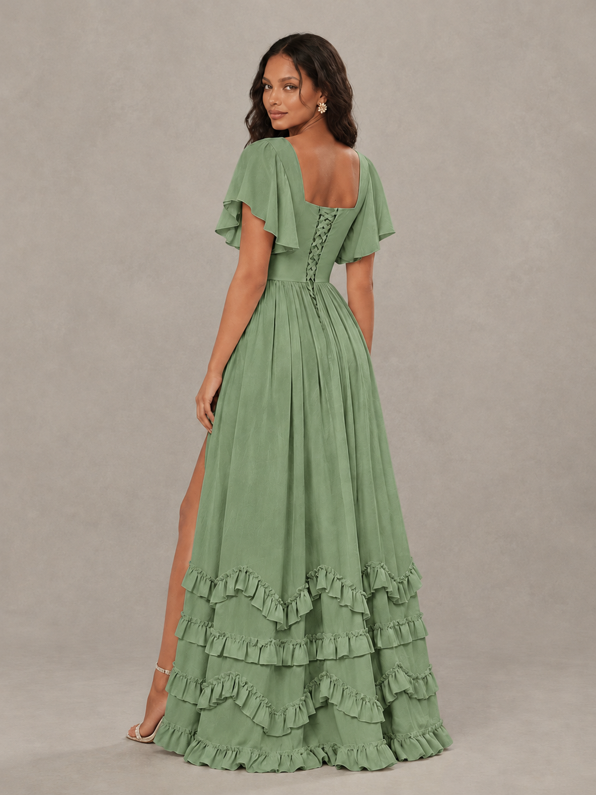 BOLODOO Sage Green V-Neck Flutter Sleeve Ruffle Bridesmaid Dress with Slit - Sage Green - Sage Green (2)