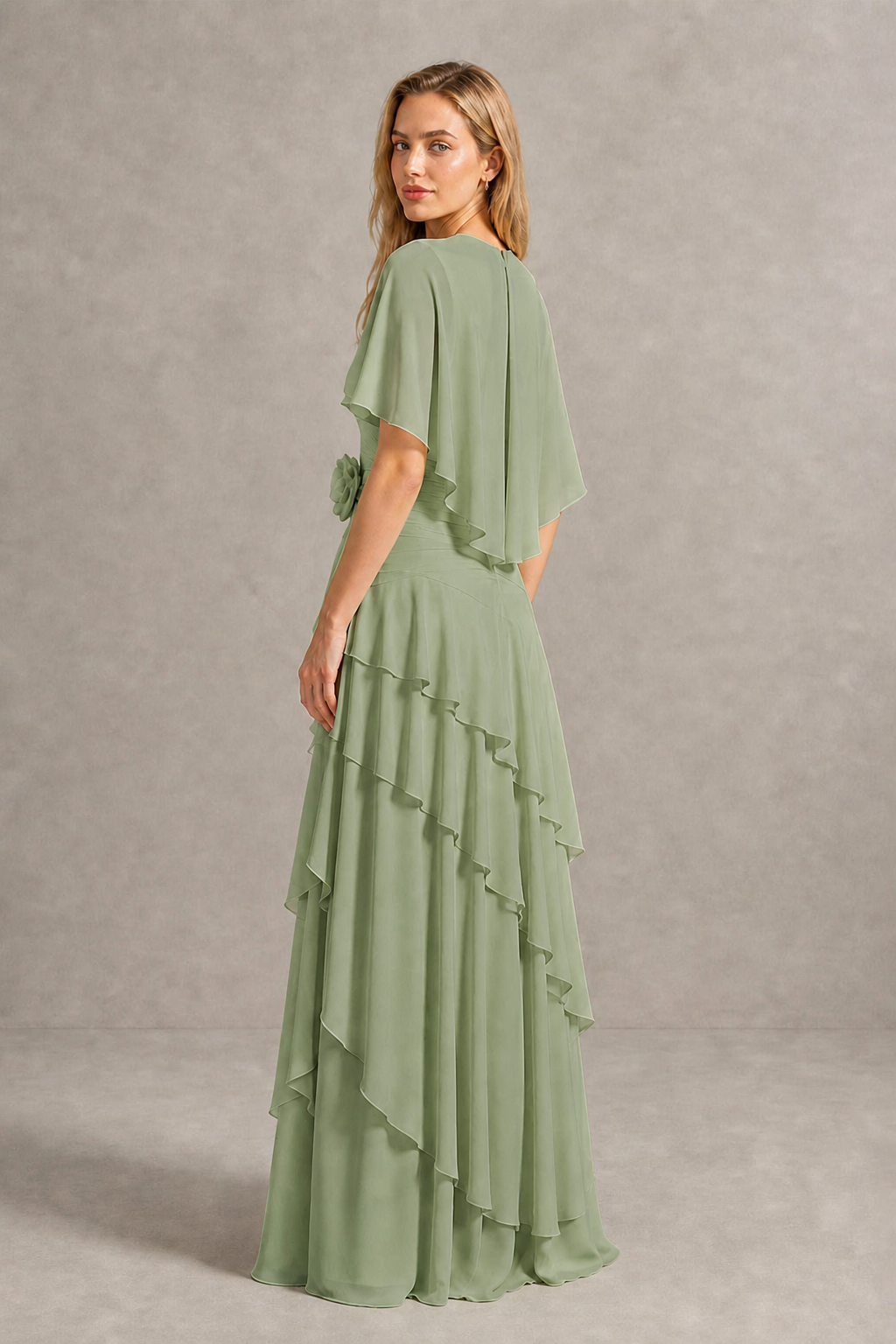 BOLODOO Sage Green Chiffon Flutter Sleeve Tiered Maxi Dress with 3D Rosette - Sage Green