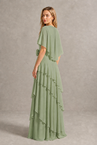 BOLODOO Sage Green Chiffon Flutter Sleeve Tiered Maxi Dress with 3D Rosette - Sage Green