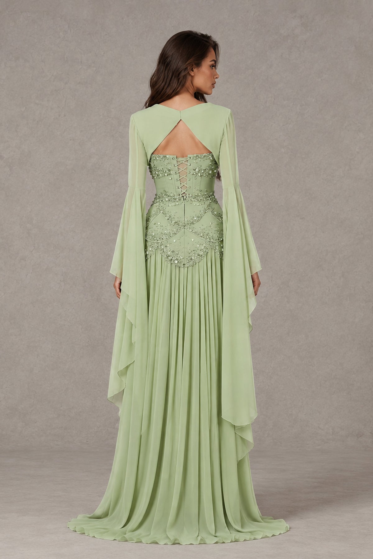 BOLODOO Sage Green Embellished Corset Gown with Long Bell Sleeves - Sage Green