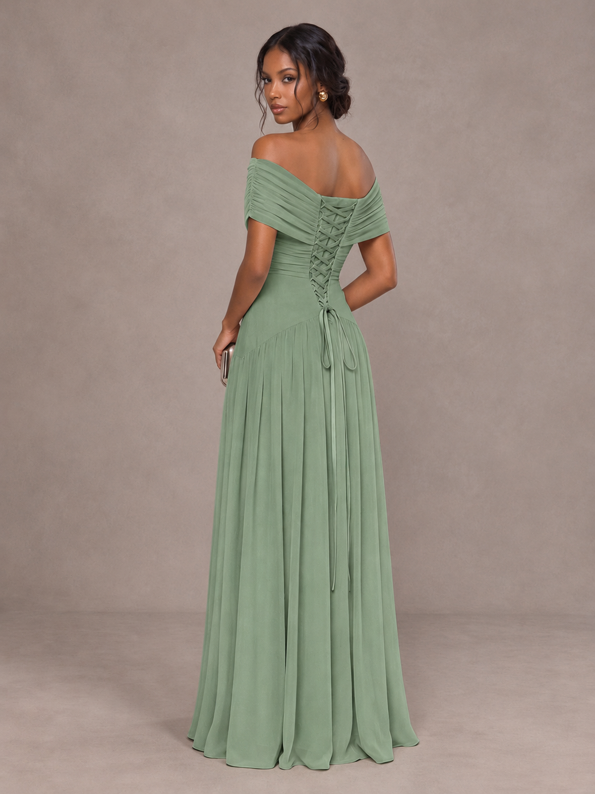 BOLODOO Sage Green Off-Shoulder Ruched A-Line Bridesmaid Dress - Sage Green - Sage Green (2)