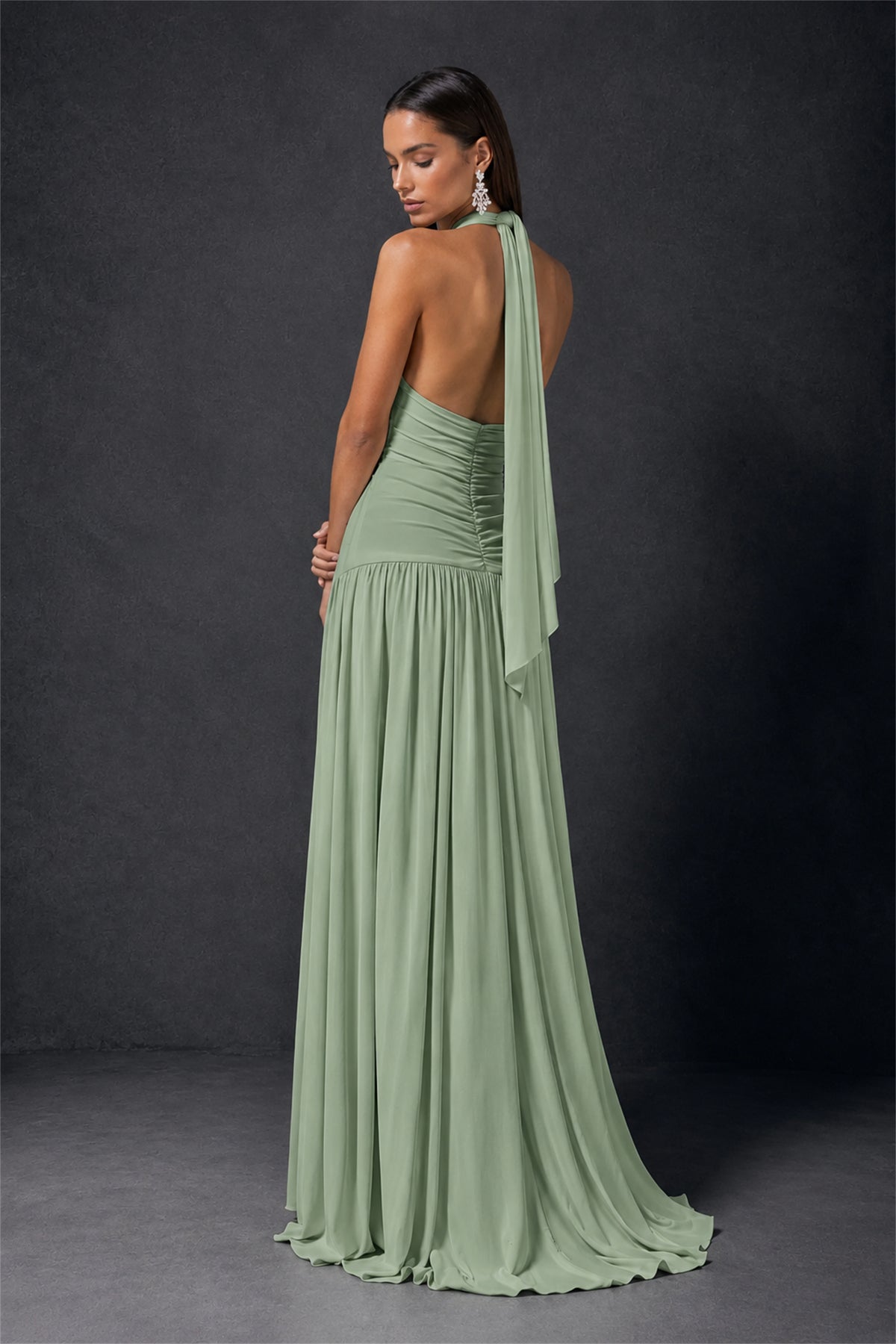 BOLODOO Sage Green Halter Deep V-Neck Ruched Chiffon Open Back Maxi Dress with Draped Neck Tie - Sage Green