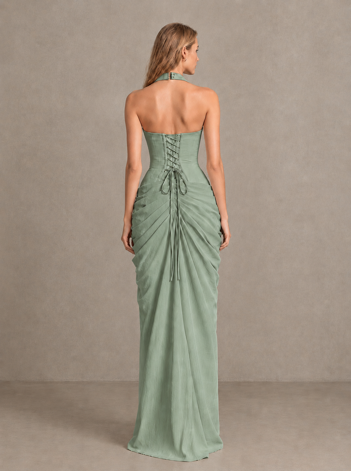 BOLODOO Sage Green Halter Neck Ruched Maxi Dress with High Slit - Sage Green