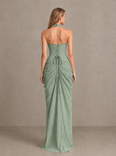 BOLODOO Sage Green Halter Neck Ruched Maxi Dress with High Slit - Sage Green