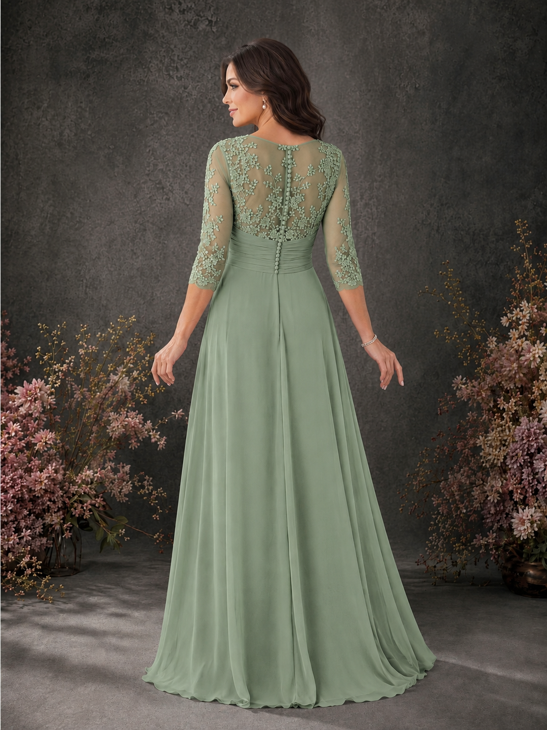 BOLODOO Sage Green Chiffon Lace Illusion Neckline 3/4 Sleeve Floor Length Formal Gown - Sage Green