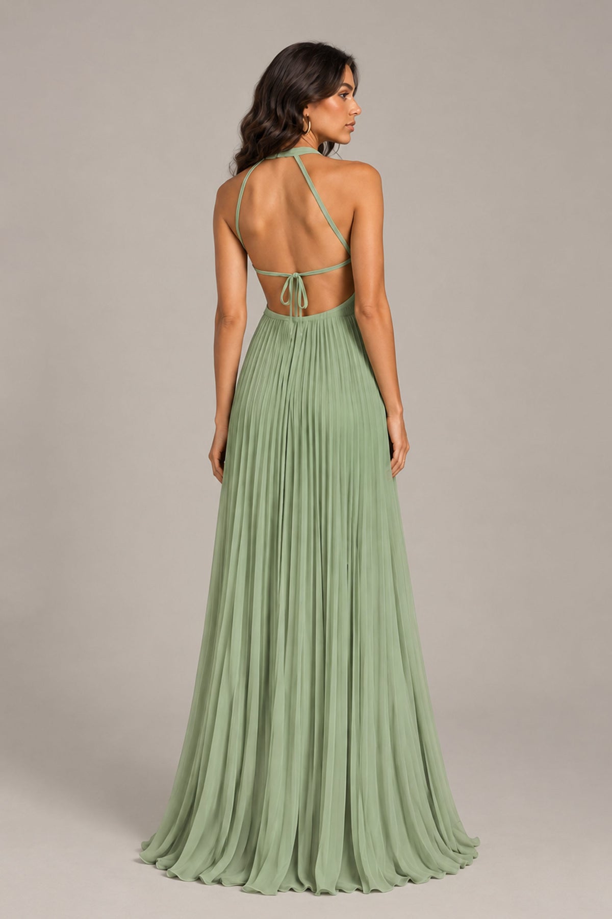 BOLODOO Sage Green Halter Neck Pleated Chiffon Maxi Dress with Side Slit - Sage Green