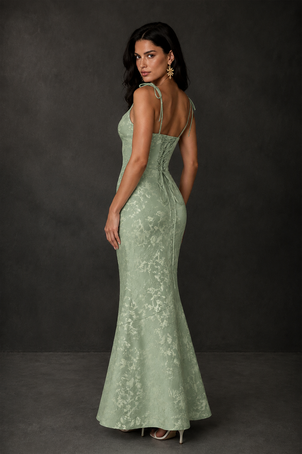 BOLODOO Sage Green Scoop Neck Tie Strap Lace-Up Back Floral Jacquard Mermaid Maxi Dress - Sage Green