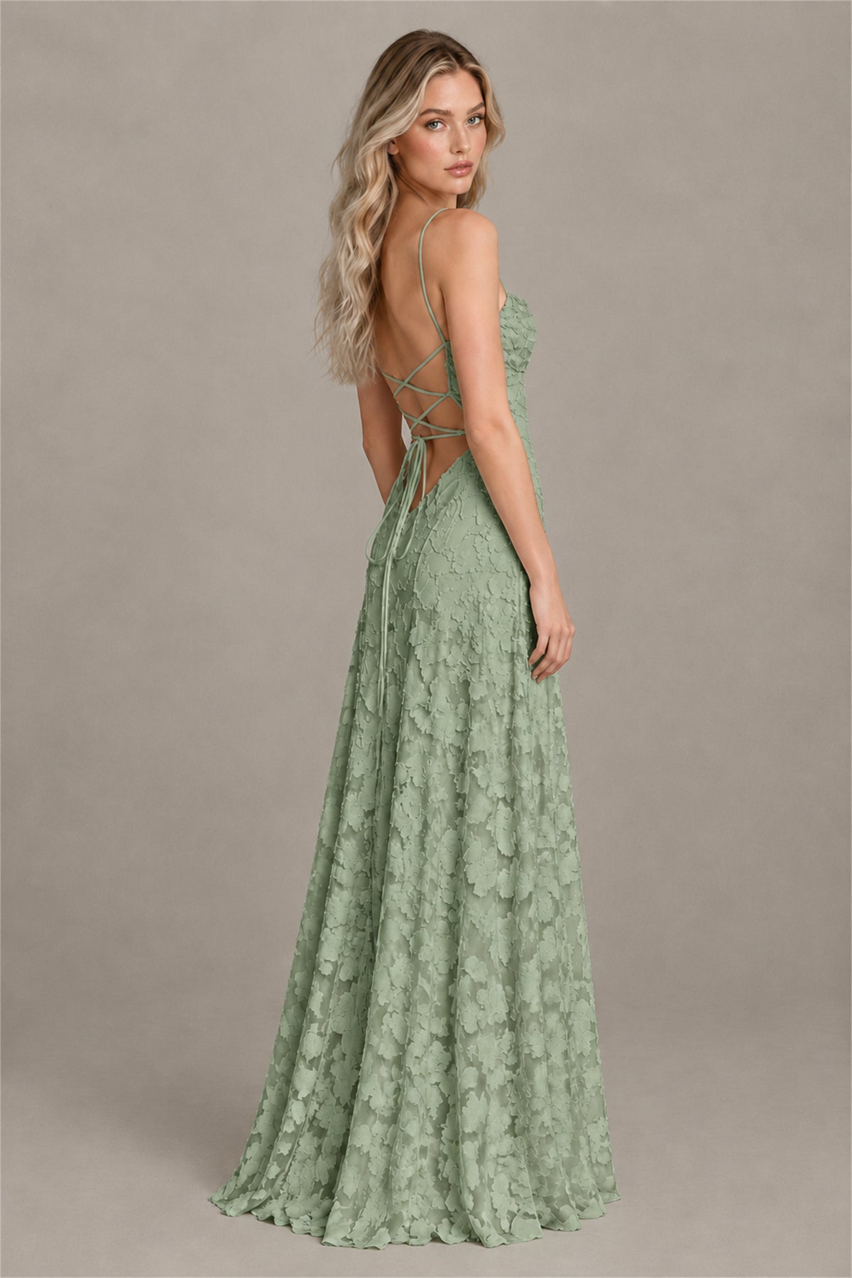 BOLODOO Sage Green Floral Appliqué Lace-Up Back Maxi Dress - Sage Green