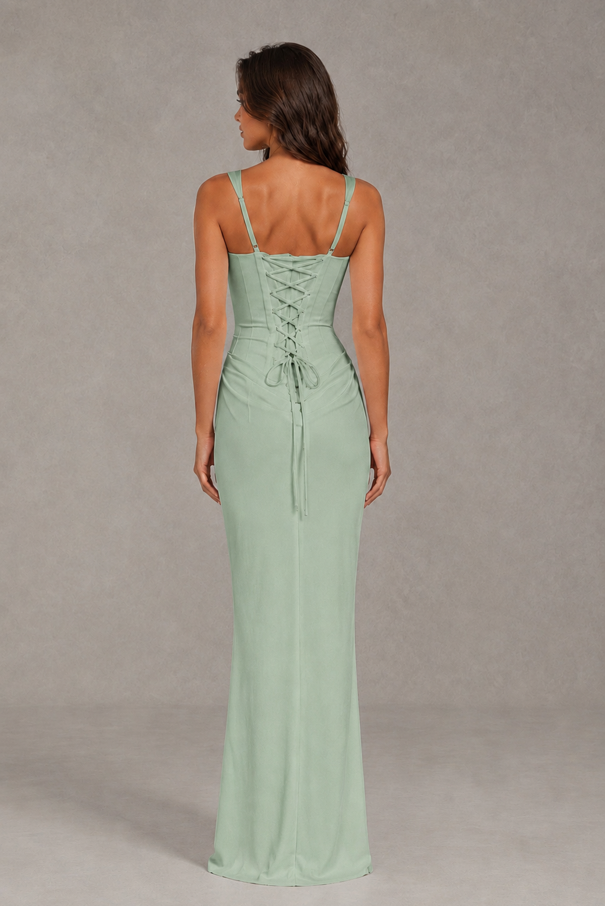 BOLODOO Sage Green Square-Neck Lace-Up Back Bridesmaid Dress - Sage Green