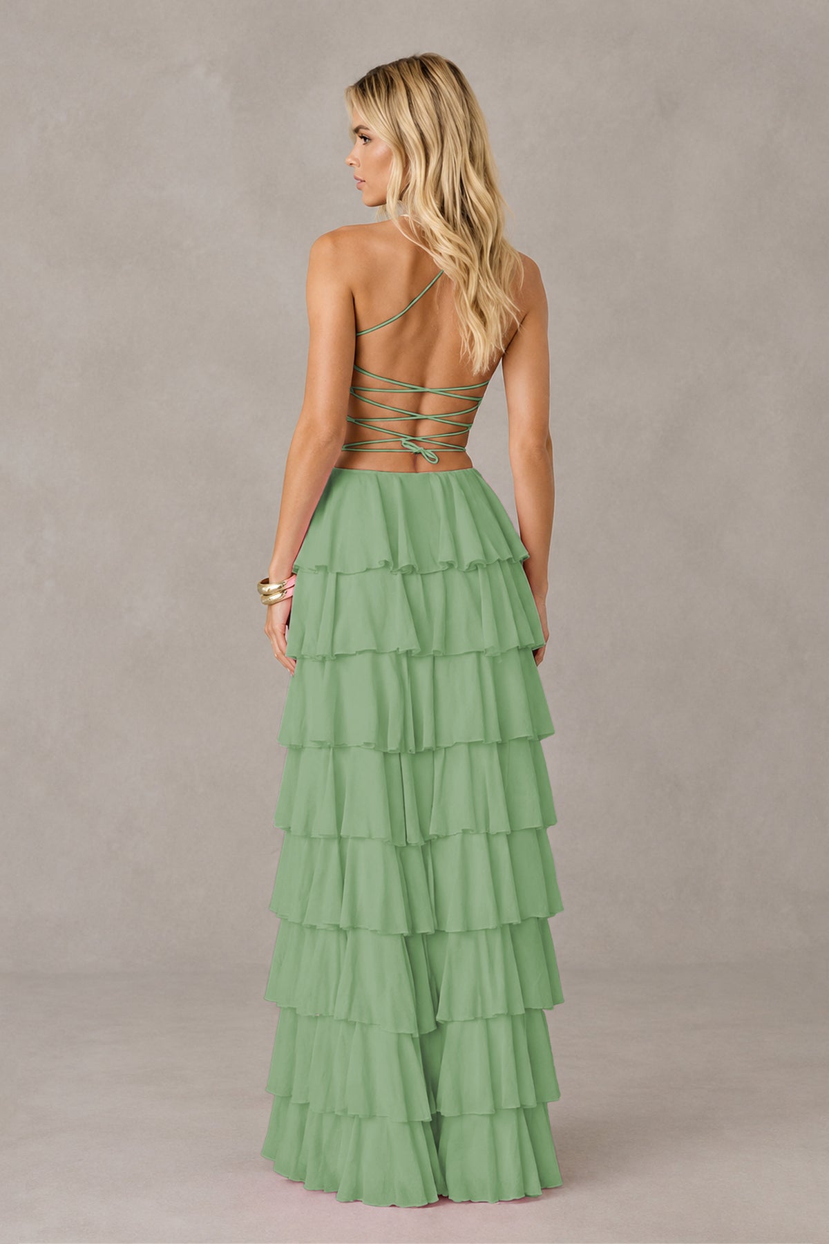 BOLODOO Sage Green Strapless Tiered Ruffle Maxi Dress with Slit & Lace-Up Back - Sage Green