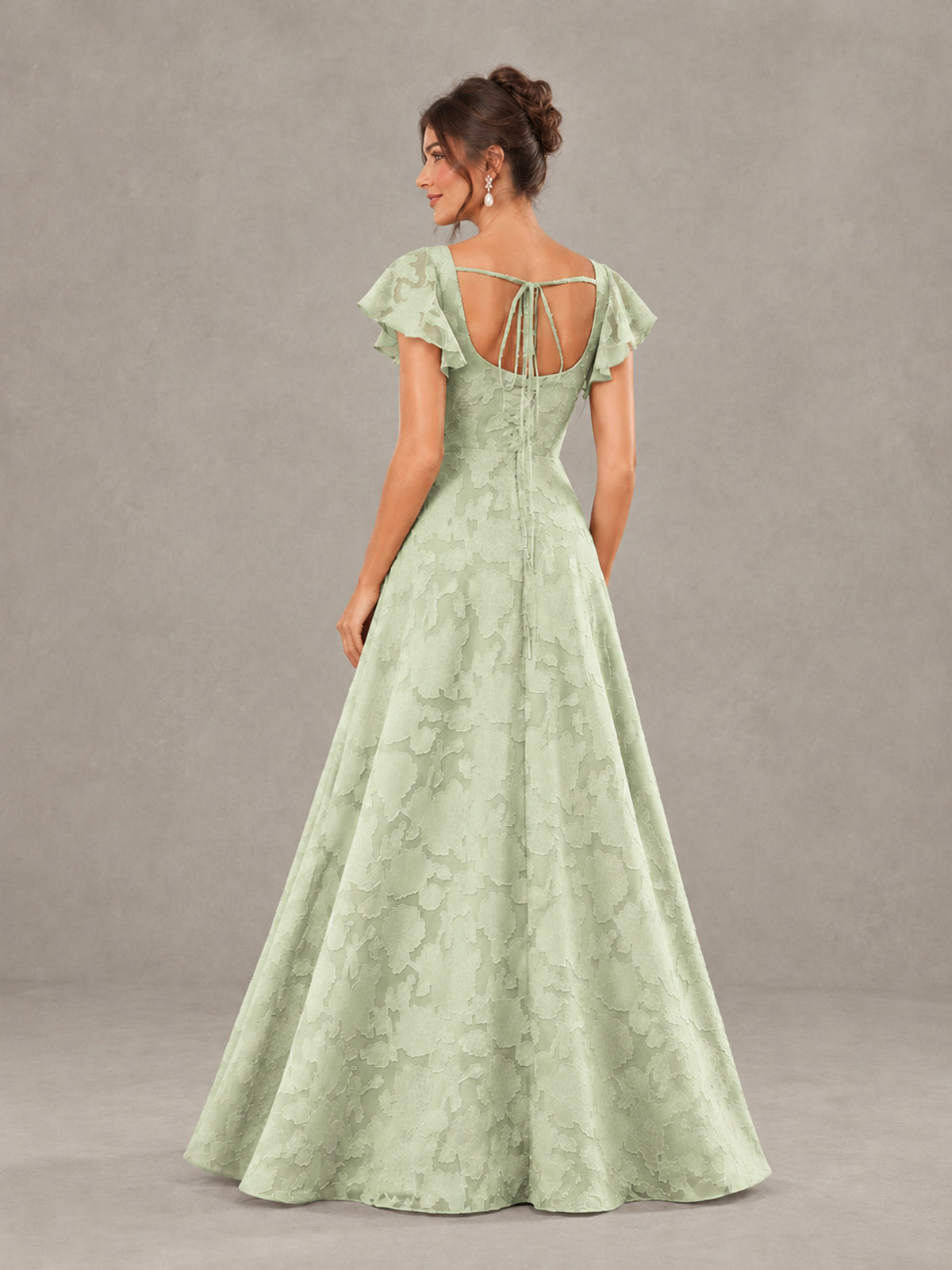 BOLODOO Sage Green Floral Flutter Sleeve Bridesmaid Dress with Slit - Sage Green - Sage Green (2)