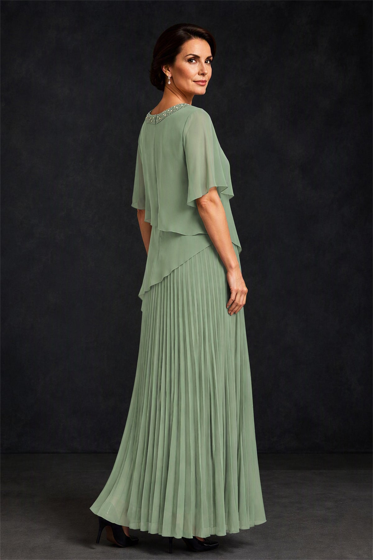 BOLODOO Sage Green Pearl Beaded Neck Asymmetric Tiered Flutter Sleeve Pleated Chiffon Maxi Dress - Sage Green