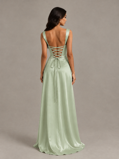 BOLODOO Sage Green Satin Lace-Up Bridesmaid Dress with Slit - Sage Green - Sage Green (2)