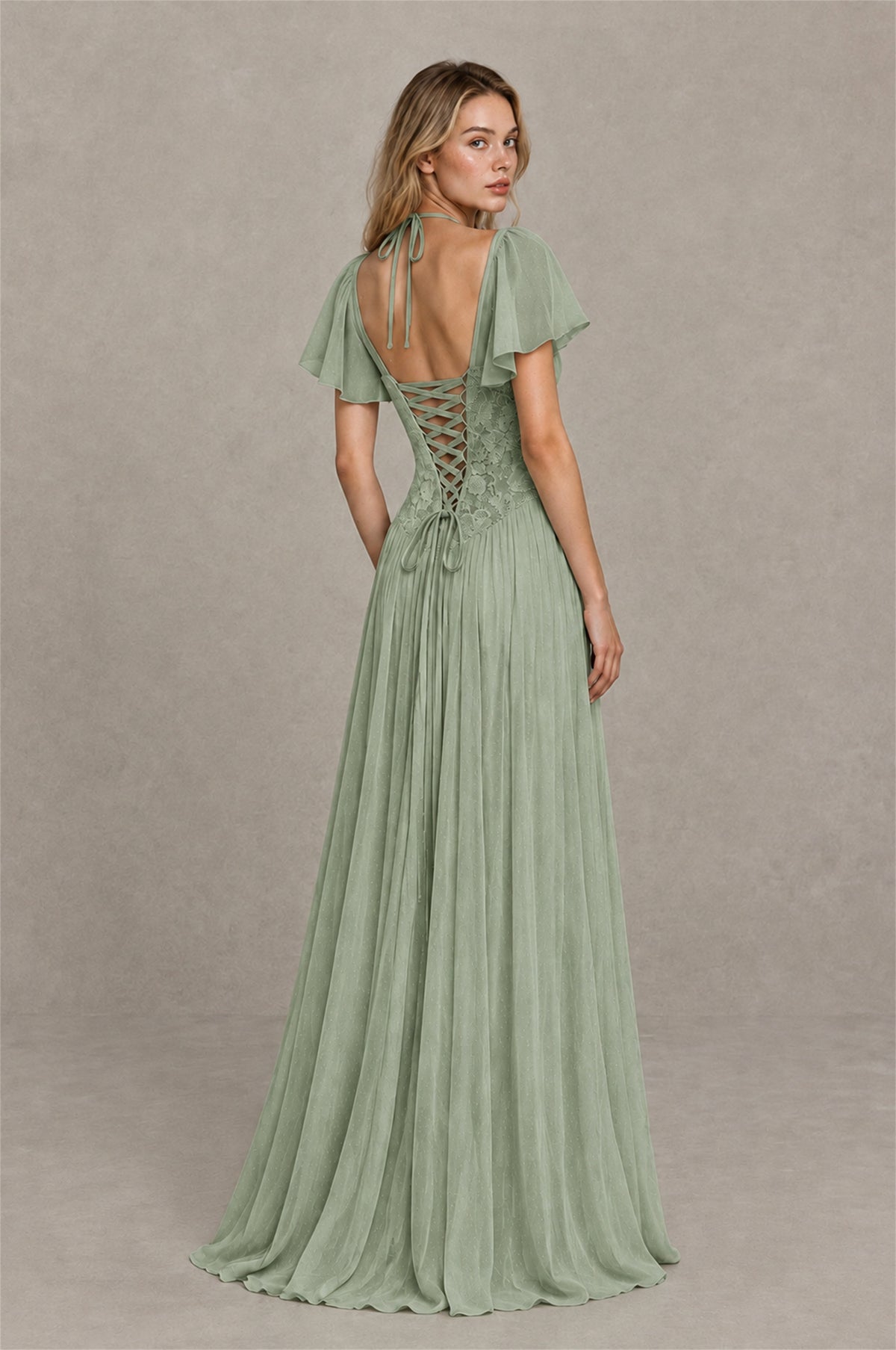 BOLODOO Sage Green Flutter Sleeve Lace Corset A-Line Maxi Dress - Sage Green - Sage Green (2)